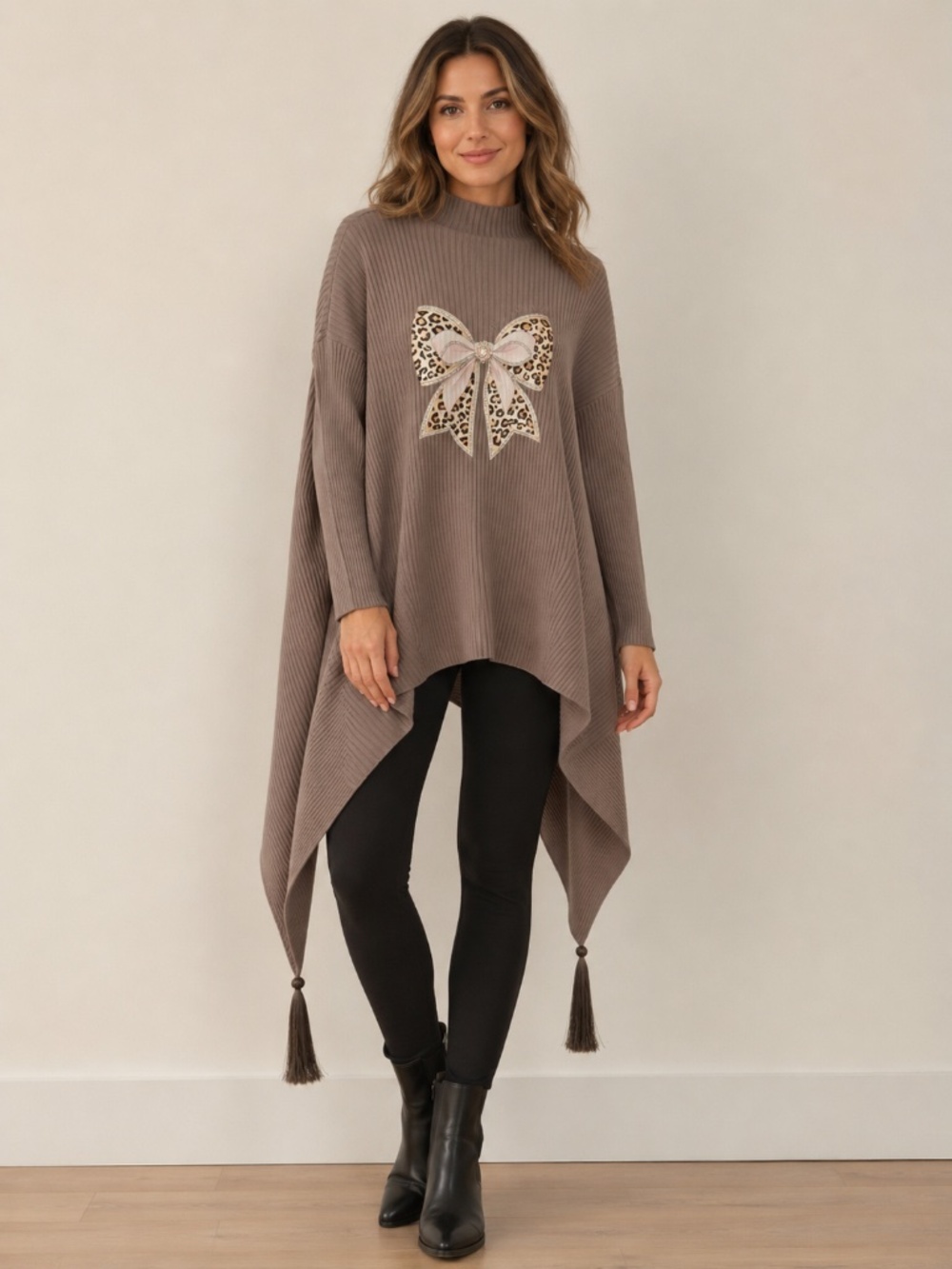 Bianco Italy brown oversized sweater S/M ribbed asymmetric tassel butterfly boho